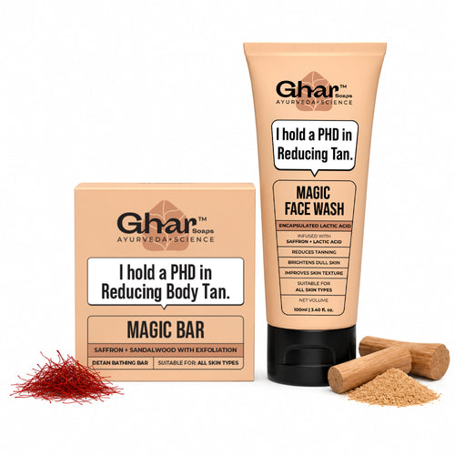 Ghar Soaps Magic De-Tan Face Wash & Sandalwood Saffron Bath Soap with Sandalwood, Saffron & Glutathione for Tan Removal & Brightening, Handmade, Paraben-Free, Men & Women, 200g