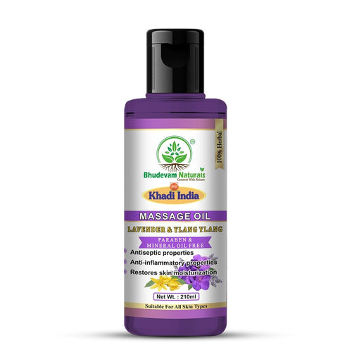 Bhudevam Naturals Khadi Lavender & Ylang Ylang Relaxing Body Massage Oil for Stress Relief & Skin Nourishment 210ml - 1