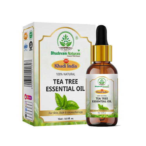 Bhudevam Naturals Khadi Tea Tree Essential Oil for Acne, Pimples, Skin Care, Hair Care, Dandruff Control, Aromatherapy & Diffuser 15ml - 1