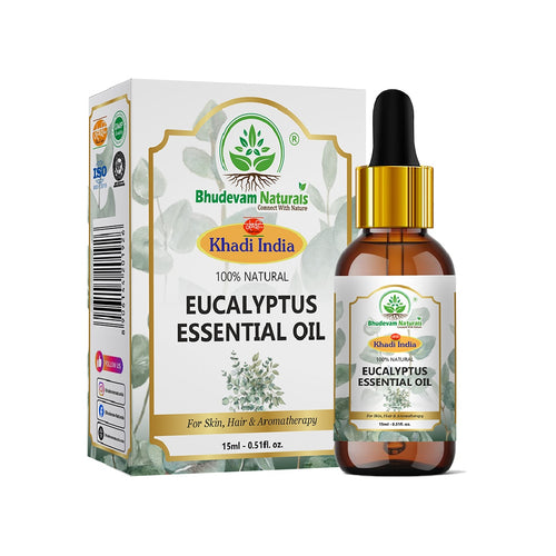 Bhudevam Naturals Khadi Eucalyptus Essential Oil for Steam Inhalation, Headache Relief & Muscle Pain 15ml - 1