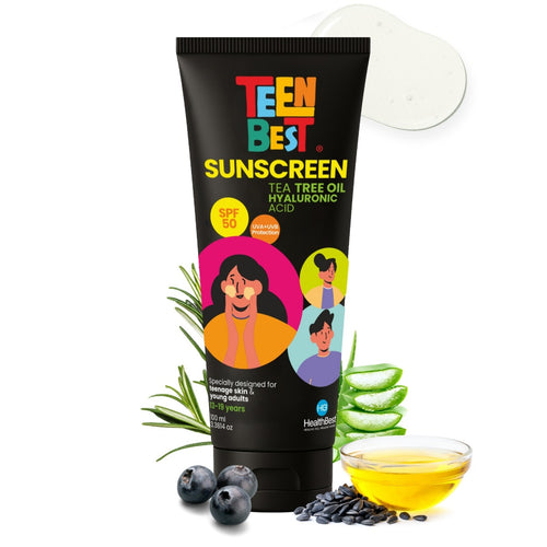 HealthBest Sunscreen SPF 50 PA++++ for Teens & Youth, Daily Use Lightweight Face Sunscreen with No White Cast, Non-Greasy Texture, Broad Spectrum UVA UVB & Blue Light Protection, Enriched with Aloe Vera, Vitamin C, Blueberry & Hyaluronic Acid