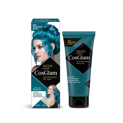 Cosglam Semi Permanent Hair Color for Women & Men, (120g, #52 Peacock Blue) Enriched with Conditioner, Glossy Finish, No Ammonia, No Peroxide & Non Oxidative