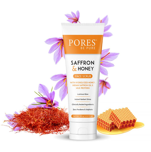 PORES Be Pure Saffron & Honey Face Scrub With Hydrolyzed Honey, Indian Saffron & Milk Proteins 100 gm
