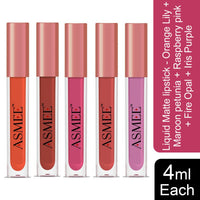 Asmee Liquid Matte lipstick Orange Lily | Maroon petunia | Raspberry pink | Fire Opal | Iris Purple
