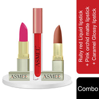 Asmee Hamper 9 Ruby Red Liquid Lipstick | Pink Orchid Matte Lipstick | Caramel Glossy Lipstick