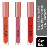 Asmee Liquid Matte lipstick Ruby Red | Orange Lily | Bergenia