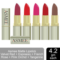 Asmee Matte Lipstick Velvet Red | Espresso | French Rose | Pink Orchid | Tangerine