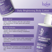 BAKE 2% Kojic Acid + Blueberry Brightening Body Lotion SPF 30 with Alpha Arbutin for Dark Spots, Uneven Skin Tone & Daily Hydration -300ml - 3