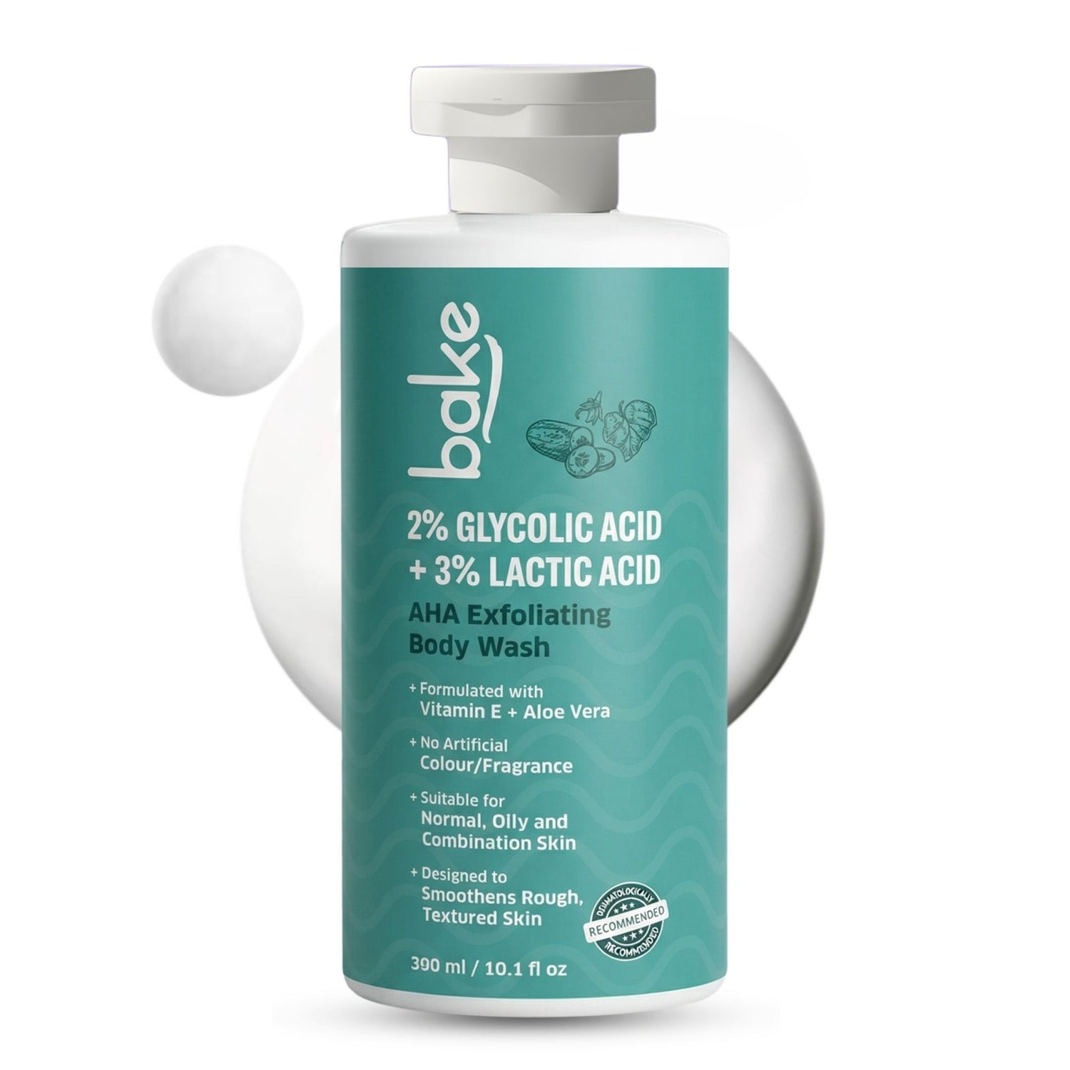 BAKE 2% Glycolic Acid + 3% Lactic Acid AHA Body Wash for Tan Removal, Strawberry Skin, Rough & Bumpy Skin -300ml - 1
