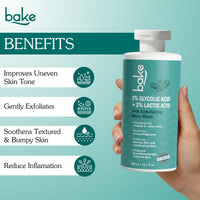 BAKE 2% Glycolic Acid + 3% Lactic Acid AHA Body Wash for Tan Removal, Strawberry Skin, Rough & Bumpy Skin -300ml - 2