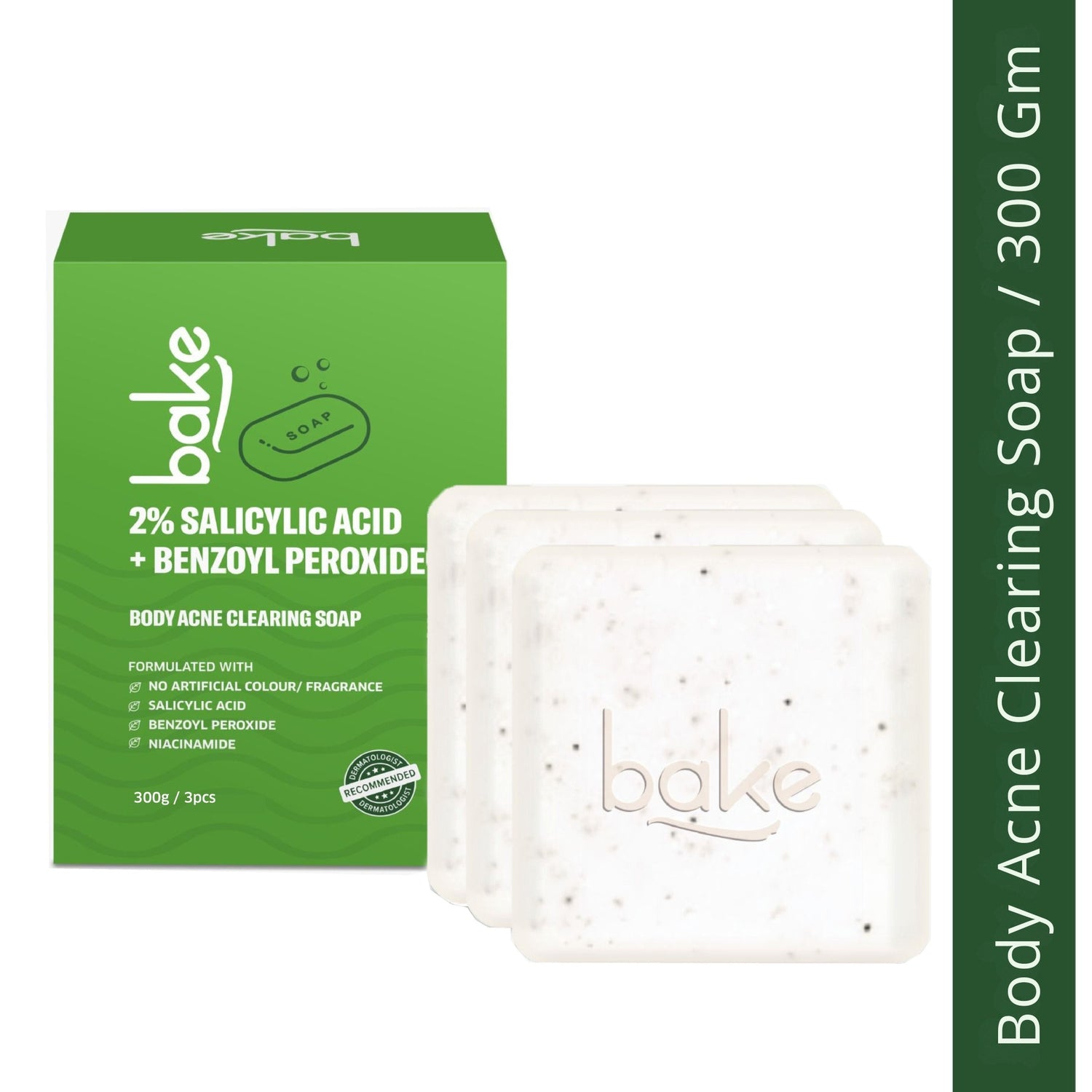 BAKE 2% Salicylic Acid Soap with Niacinamide for Body & Back Acne, Reduces Strawberry Legs & Fades Dark Spots - Pack of 3 100g x 3 - 1