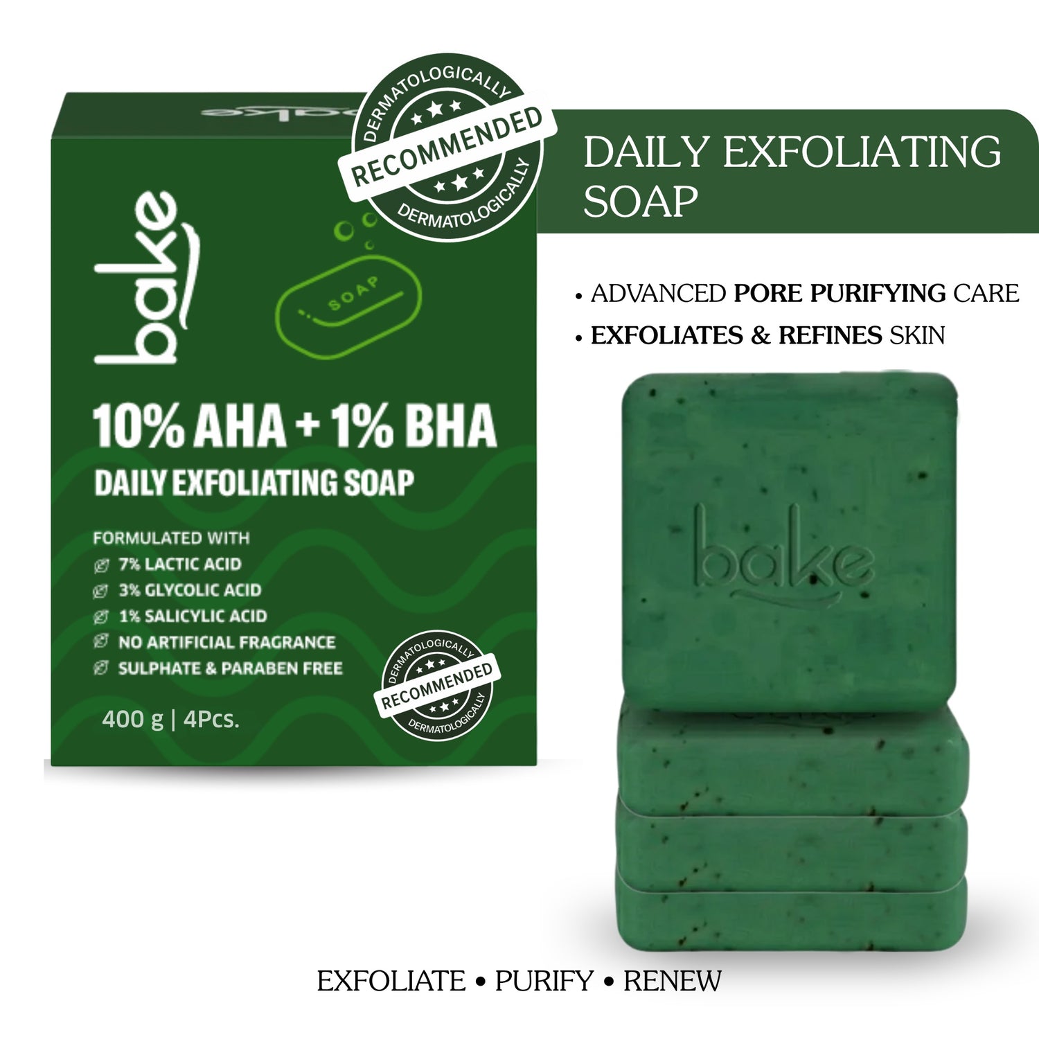 BAKE 10% AHA + 1% BHA Scrub Treatment Soap with Lactic Acid For Clogged Pores, Exfoliation, Strawberry Skin & Bright Underarms - Pack of 4 100g × 4 - 1