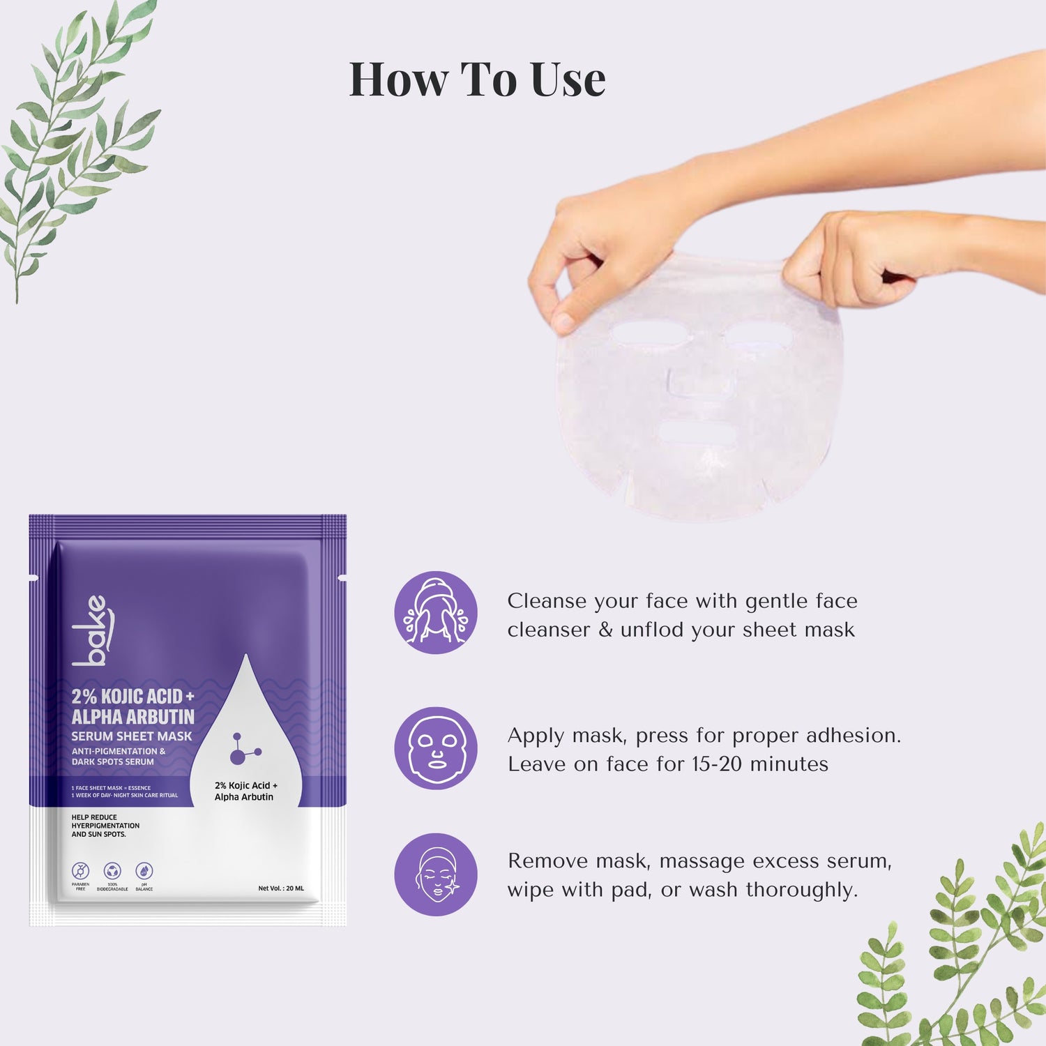 BAKE 2% Kojic Acid + Alpha Arbutin Serum Sheet Mask for Glowing Skin, Dark Spot & Tan Removal - 20ml - 1
