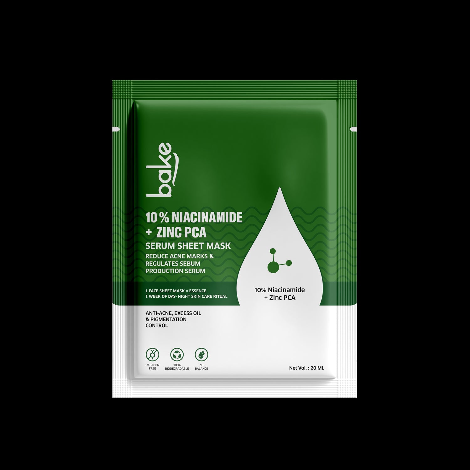 BAKE 10% Niacinamide + Zinc PCA Serum Sheet Mask for Acne, Acne Marks, Oil Control & Skin Clarity - 20ml - 1