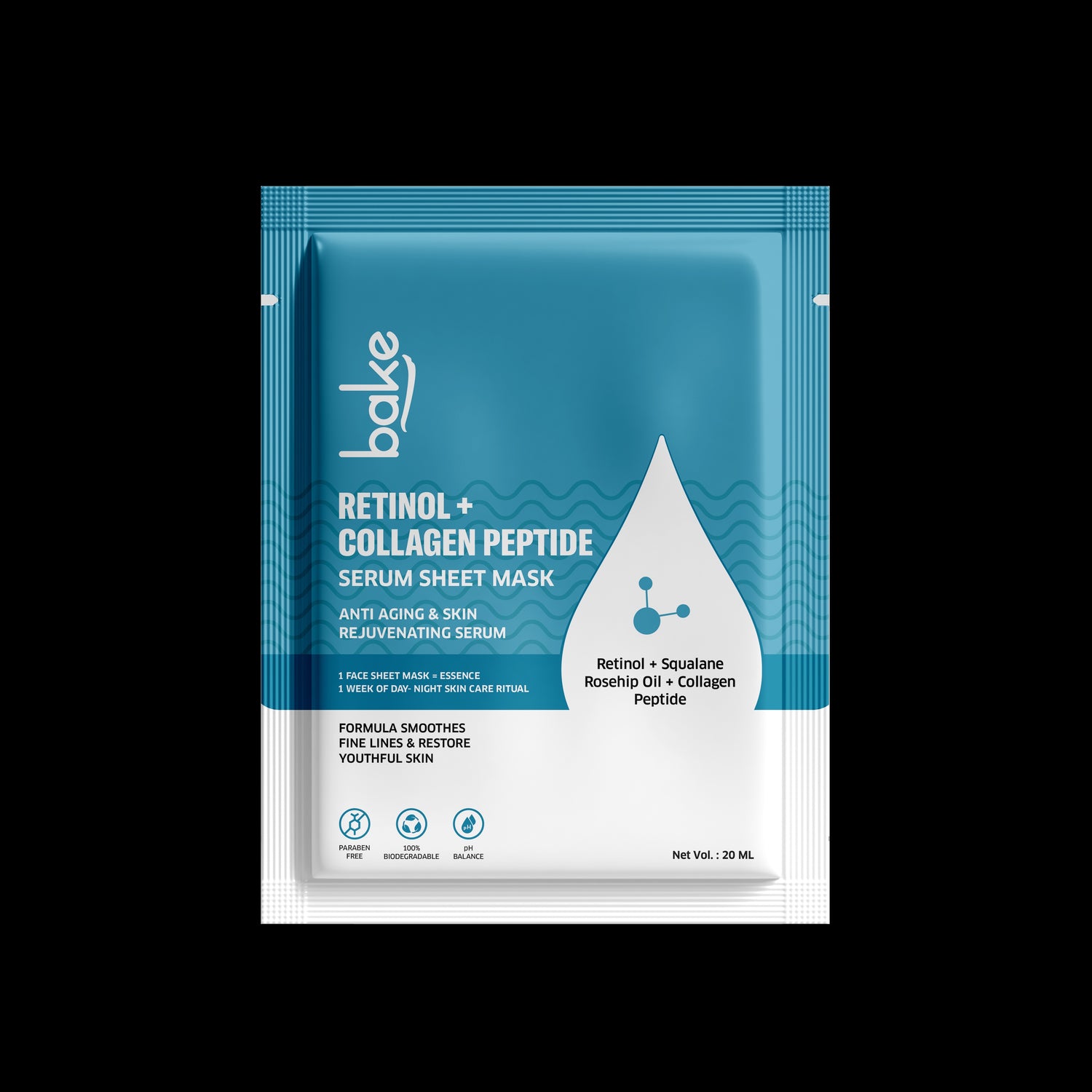 BAKE Retinol + Collagen Peptide Serum Sheet Mask for Skin Rejuvenation, Anti-Aging, Skin Tightening & Wrinkle Reduction - 20ml - 1