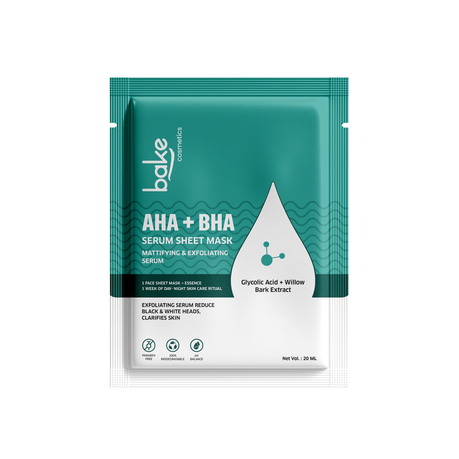 BAKE AHA + BHA Serum Sheet Mask for Exfoliation & Blackhead Removal - Mattifying & Clarifying - 20ml - 1