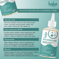 BAKE 10% Glycolic Acid Advanced Resurfacing & Renewing Face Toner for Smooth, Bright Even Skin & Clogged Pores - 200ml - 5