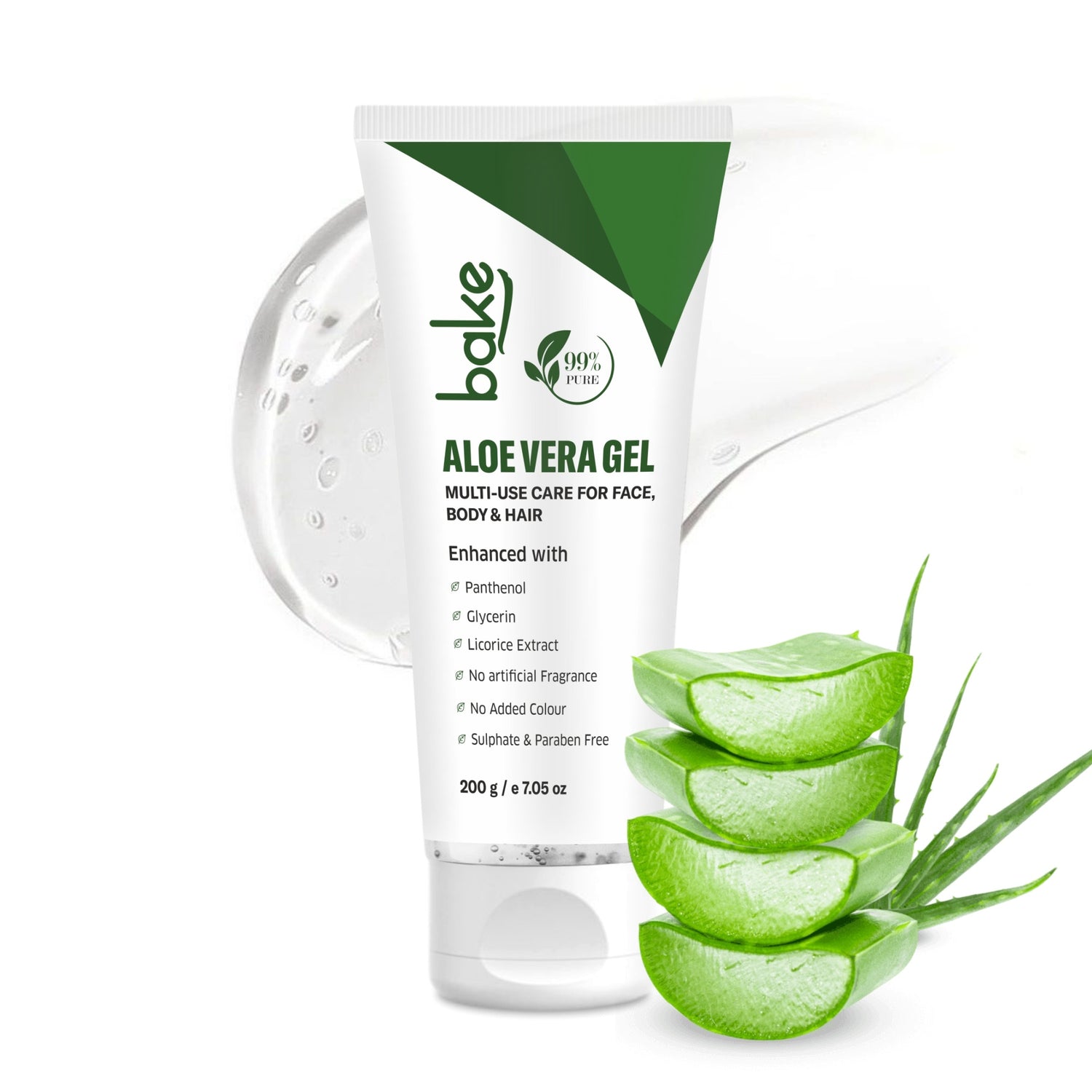 BAKE 99% Pure Aloe Vera Gel for Face, Body & Hair, Hydrates & Soothes Skin, Reduces Dryness, Lightweight & Non-Sticky - 200g - 1