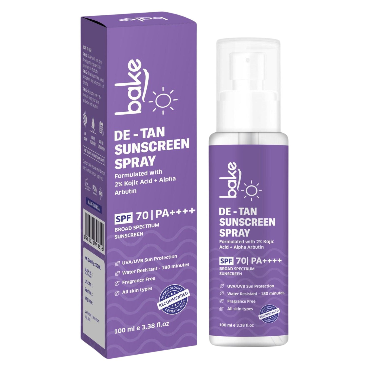 BAKE De-Tan Sunscreen Spray SPF 70 PA++++ with 2% Kojic Acid & Alpha Arbutin for Pigmentation and Tan Removal with UVA/UVB Protection, Waterproof & Sweat Resistant-100ml - 1