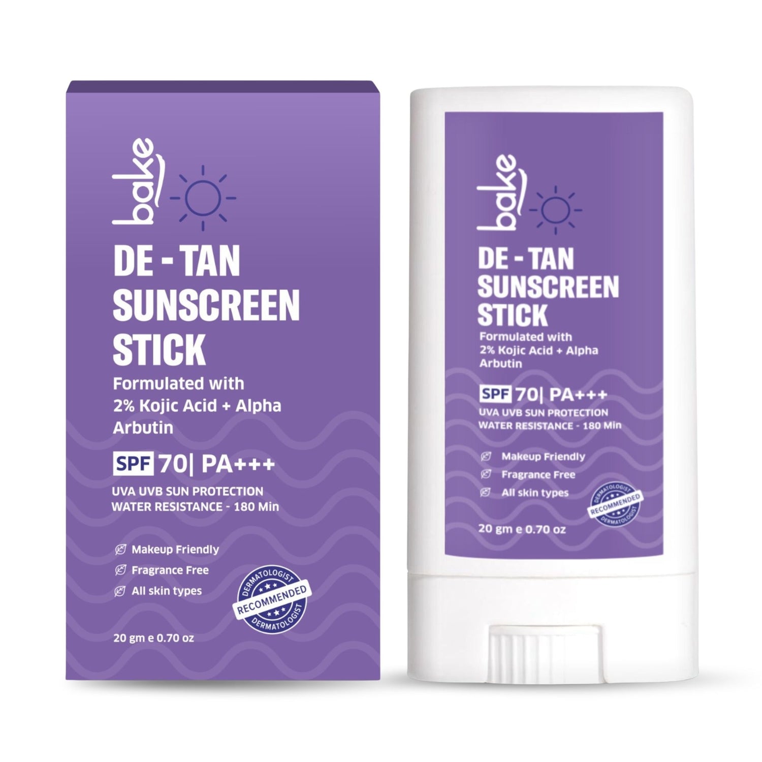 BAKE De-Tan Sunscreen Stick SPF 70 PA+++ with Kojic Acid and Alpha Arbutin for Pigmentation and UVA and UVB Sun Protection | Water Resistant 180 Min- 20g - 1