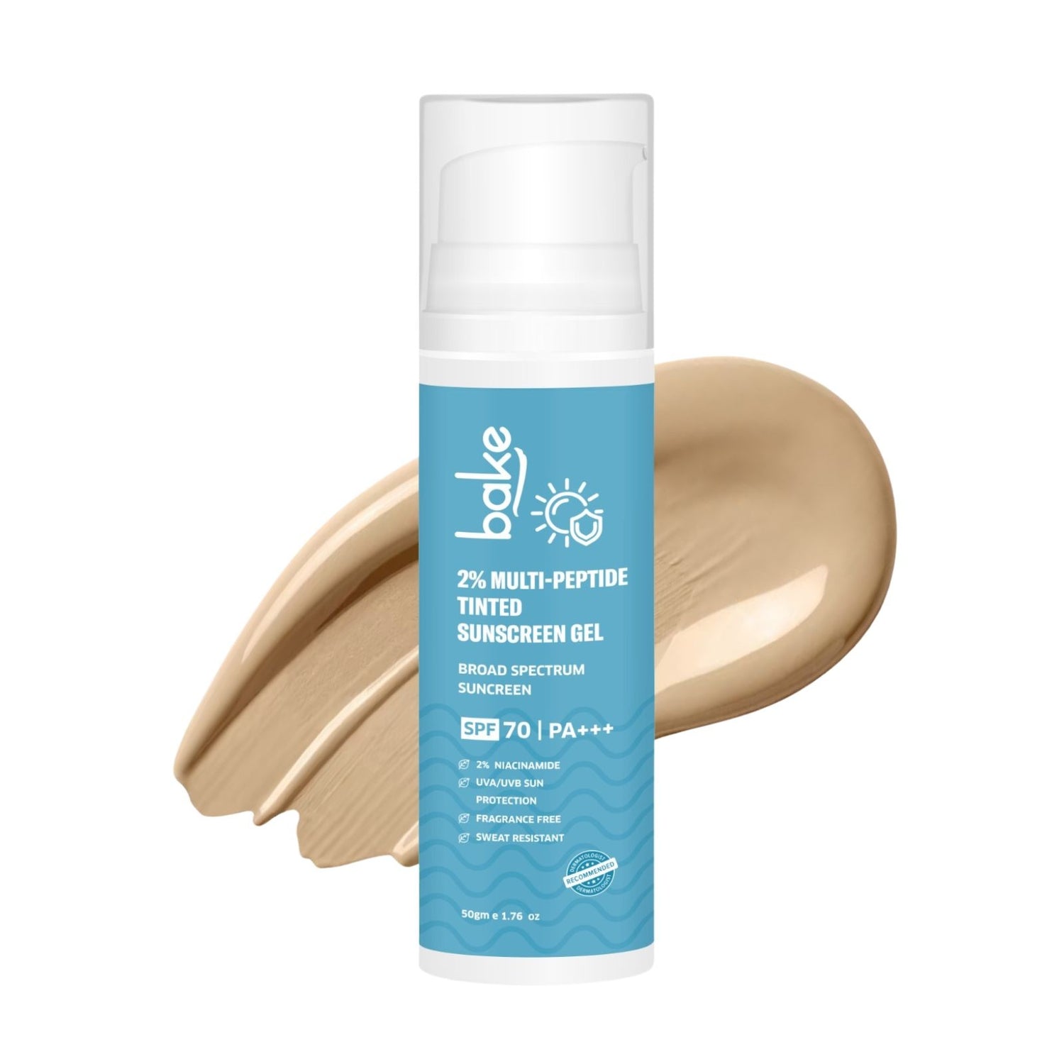 BAKE 2% Multi Peptide Tinted Sunscreen SPF 70 PA+++ with 2% Niacinamide – Broad Spectrum UVA/UVB Protection, Water & Sweat Resistant, Even Out Skin Tone-50g - 1