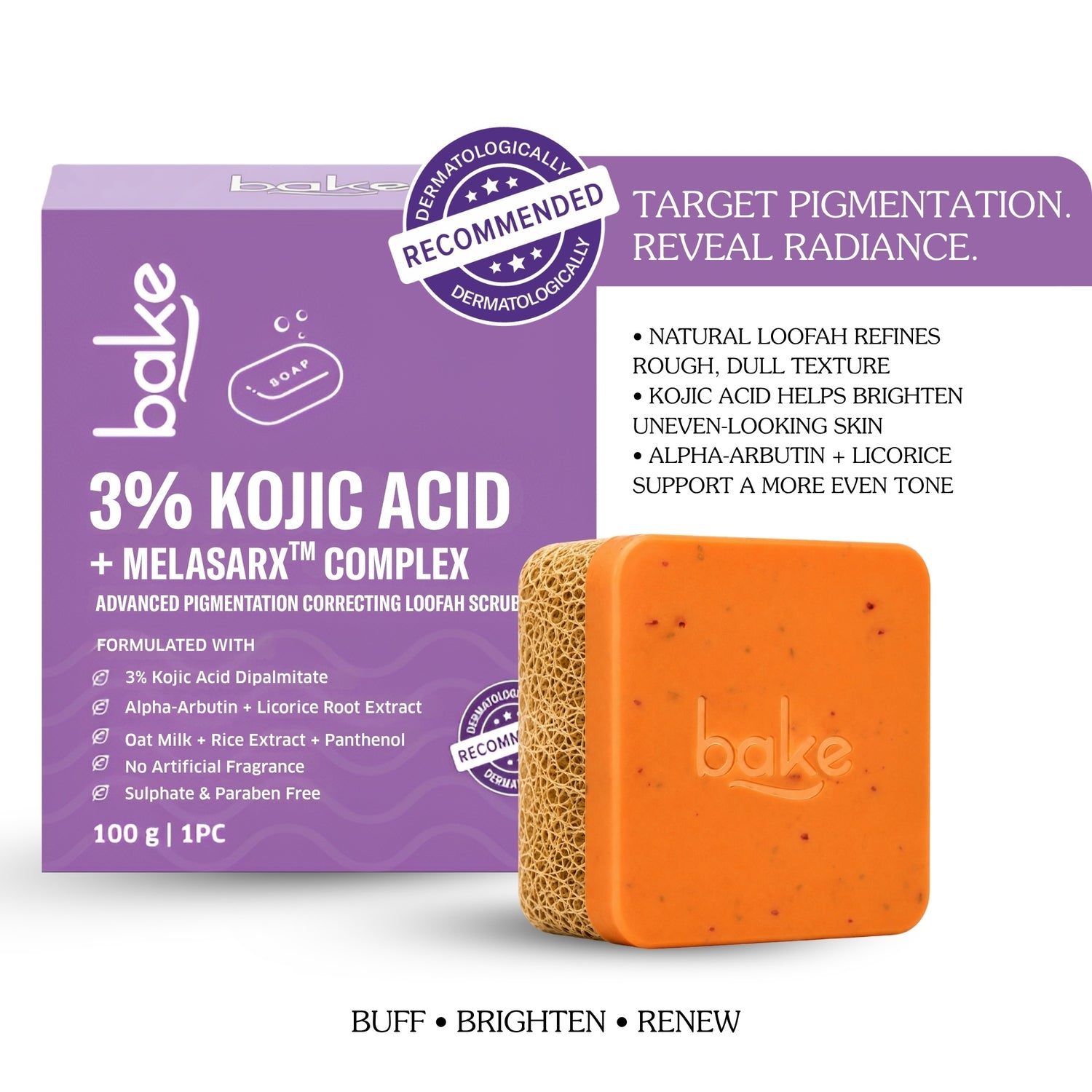 BAKE 3% Kojic Acid Loofah Scrub Soap with MelasaRx™ Complex for Pigmentation, Dark Spots, Tan and Uneven Skin Tone ( 100 g ) - 1