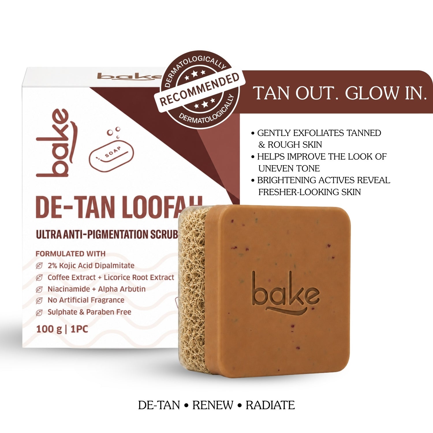BAKE De-Tan Loofah Scrub Soap with 2% Kojic Acid & Alpha Arbutin for Tan Removal, Pigmentation, Dark Spots and Brighter Even-Toned Skin ( 100 g ) - 1