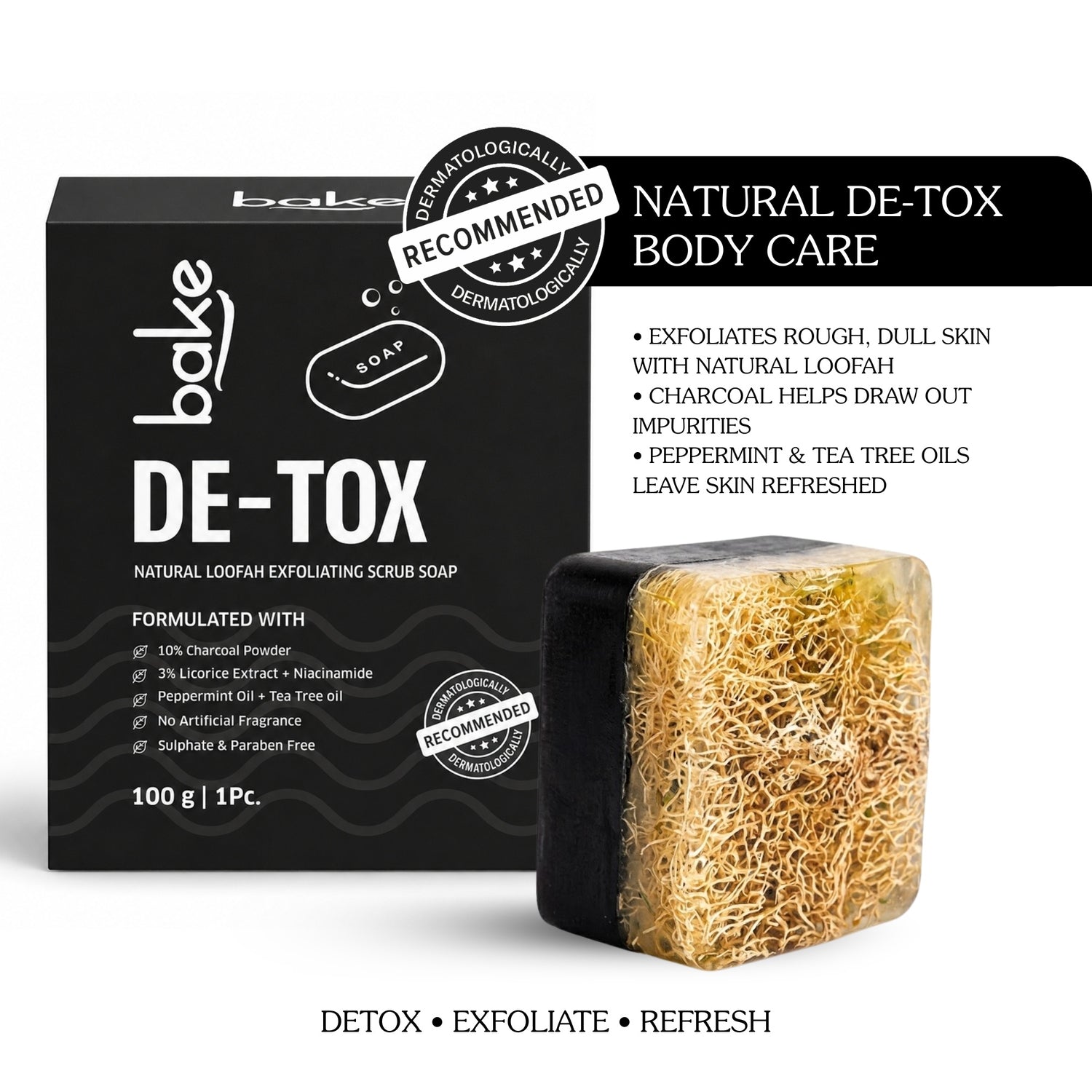 BAKE 10% Charcoal Loofah Scrub Soap with Niacinamide for Exfoliation, Rough & Dull Skin, Tan Reduction(100g) - 1