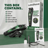 LetsShave All-in-One Beard, Body & Head Trimmer for Men | Self-Sharpening Blades | USB-C Fast Charging | 120 Min Runtime | LED Display | Free Pro Styler | 24 Months Warranty