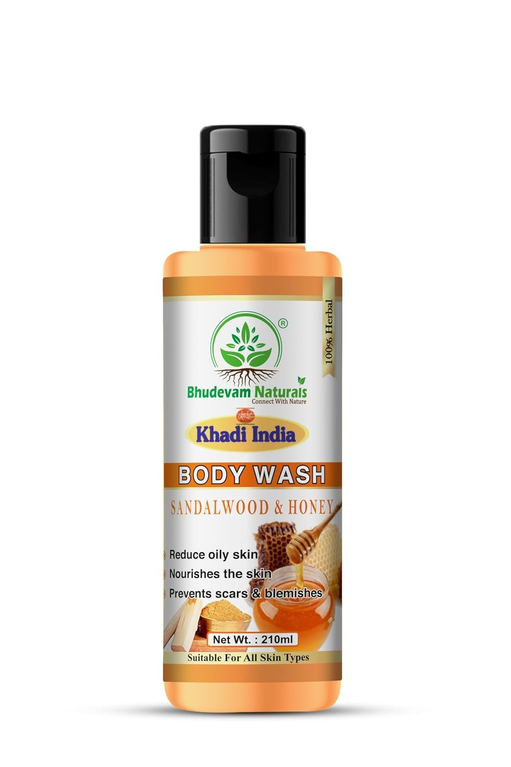 Bhudevam Naturals Khadi Sandalwood Honey Shower Gel, Natural Body Wash for Soft, Smooth & Healthy Skin 210ml - 1