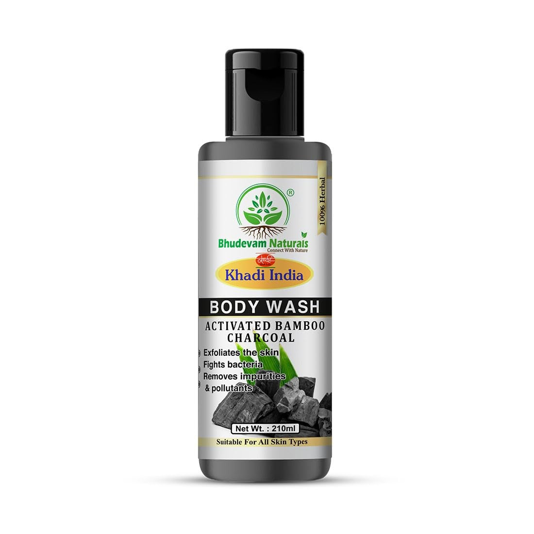 Bhudevam Naturals Khadi Bamboo Charcoal Body Wash – Skin Detox & Oil Control Shower Gel 210ml - 1