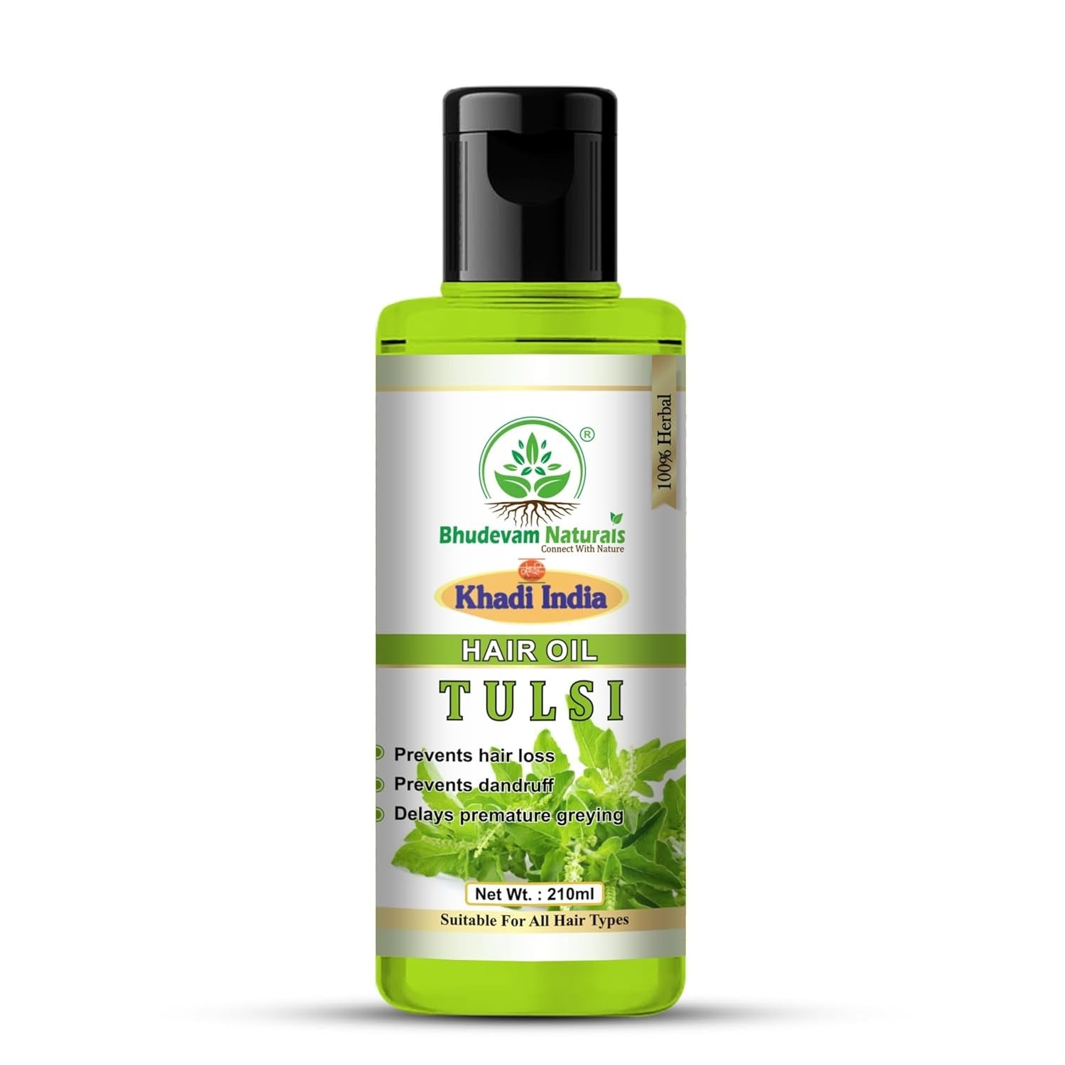 Bhudevam Naturals Khadi Tulsi Hair Oil Reduces Hair Fall & Strengthens Roots Naturally 210ml - 1