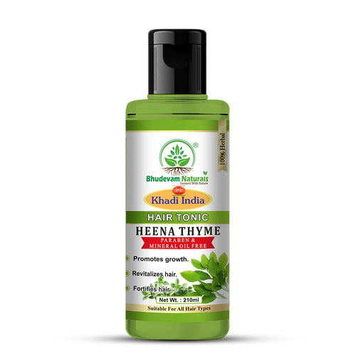 Bhudevam Naturals Khadi Henna Thyme Herbal Hair Tonic for Hair Growth, Frizz Control & Scalp Hydration 210ml - 1