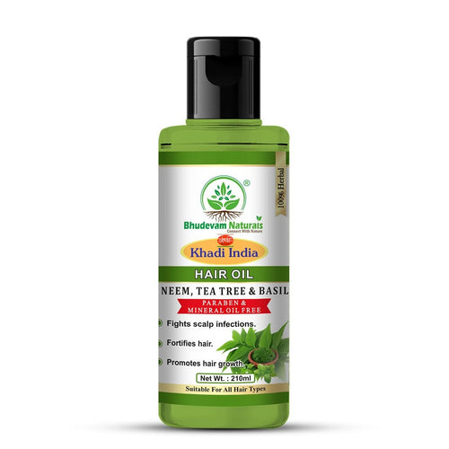 Bhudevam Naturals Khadi Neem Tea Tree & Basil Hair Oil for Dandruff Control & Hair Fall 210ml - 1