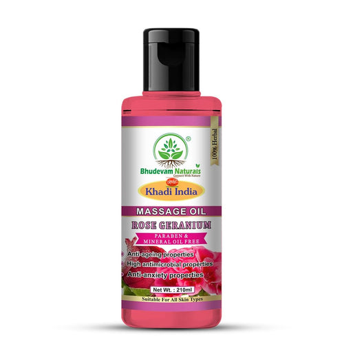Bhudevam Naturals Rose Geranium Spa Therapy Massage Oil for Muscle Relaxation, Skin Care & Deep Hydration 210ml - 1