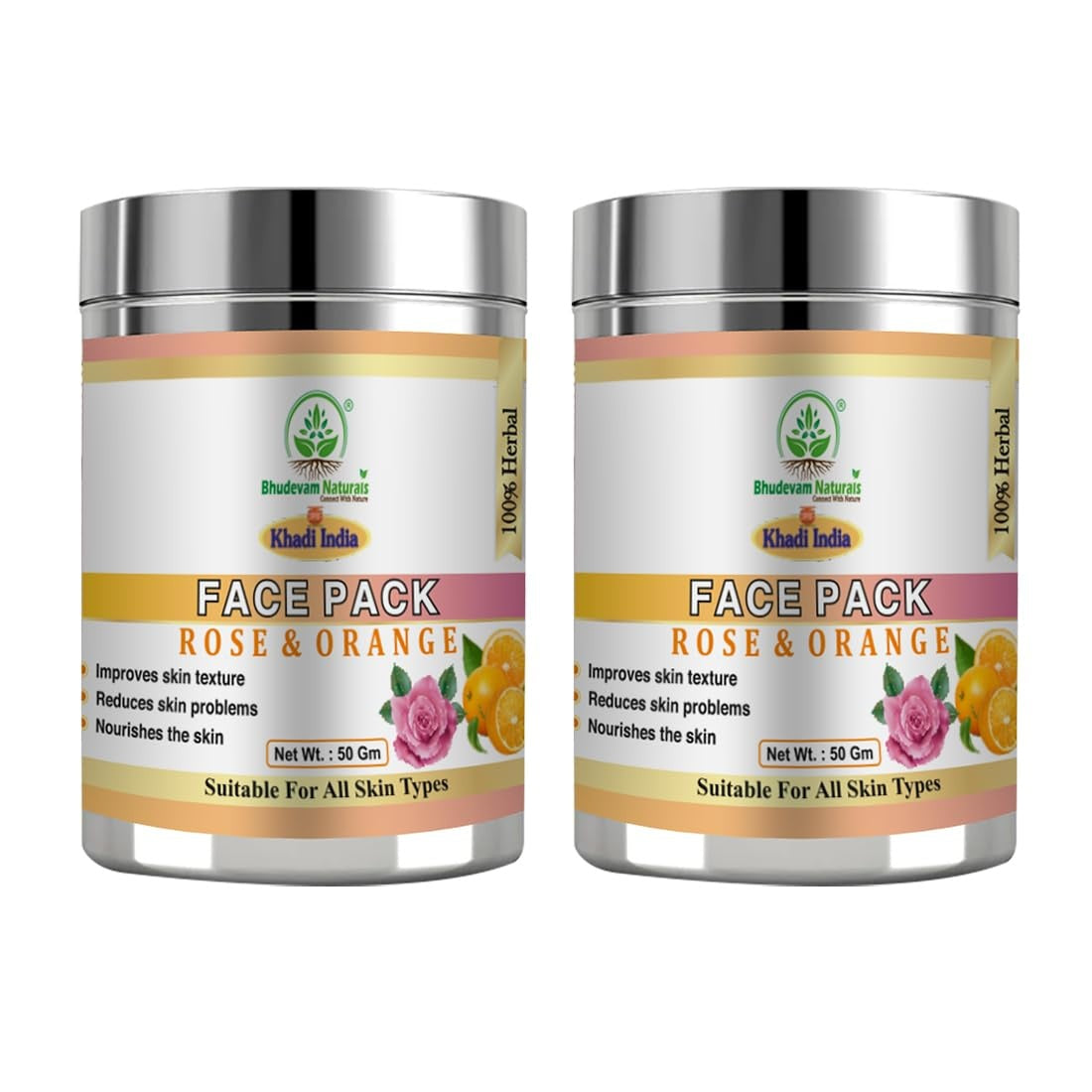 Bhudevam Naturals Khadi Rose & Orange Face Pack for Skin Brightening & Glow 100gm - 1
