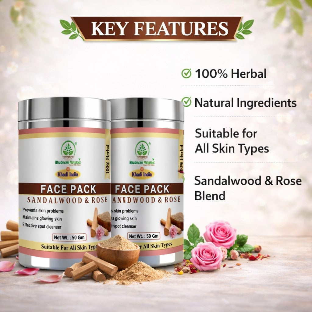 Bhudevam Naturals Khadi Rose Sandalwood Face Pack For for Skin Brightening, Cooling & Deep Cleansing 100gm - 1