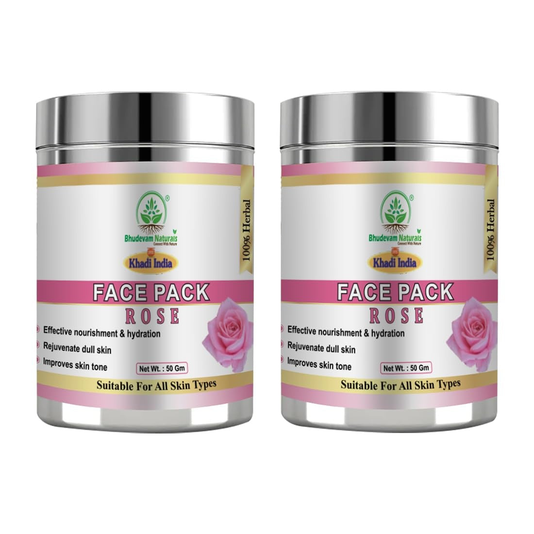 Bhudevam Naturals Khadi Herbal Rose Face Pack Skin Brightening Face Mask for Glow, Pigmentation & Deep Cleansing 100gm - 1
