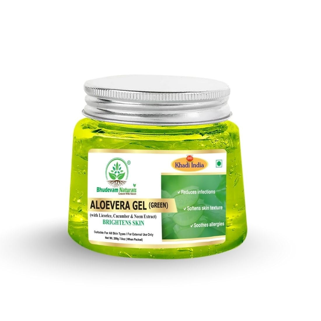 Bhudevam Naturals Khadi Aloe Vera Gel Green for Skin & Hair Care | Cooling Skin Gel for Moisturizing, Sunburn Relief, Acne Control & Healthy Hair Care 200gm - 1
