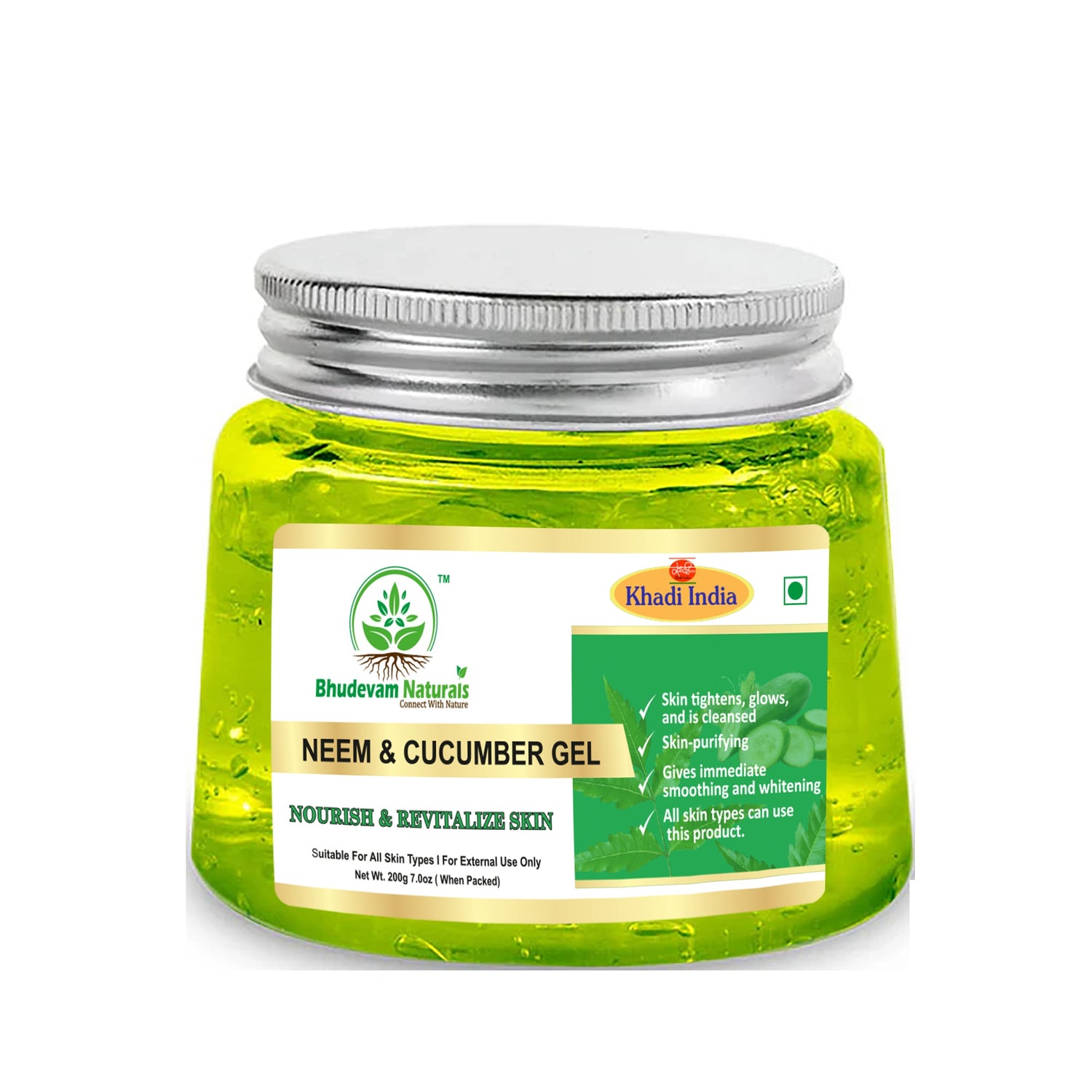 Bhudevam Naturals Khadi Neem Cucumber Aloe Vera Gel for Face & Hair – Acne Control, Oil-Free Hydration & Skin Soothing Gel 200gm - 1