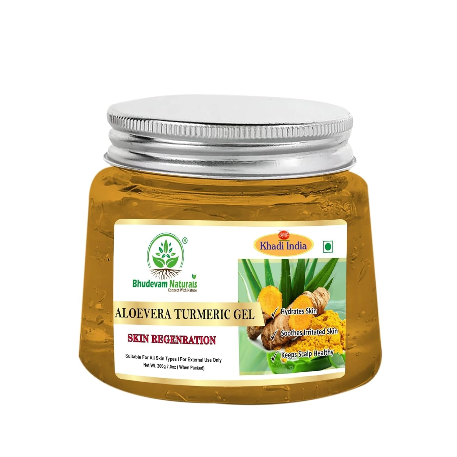 Bhudevam Naturals Khadi Aloe Vera Turmeric Gel for Face & Hair – Skin Brightening, Anti-Acne & Hydrating Moisturizer 200gm - 1