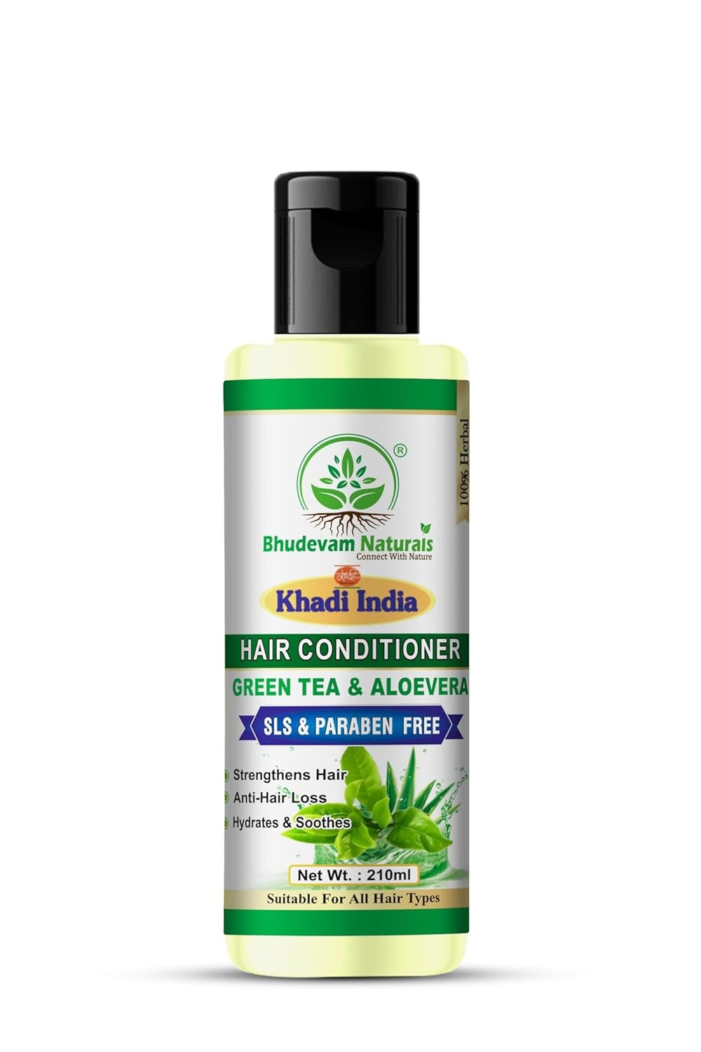Bhudevam Naturals Khadi Green Tea Aloe Vera Hair Conditioner – Sulphate & Paraben Free Frizz Control Formula 210ml - 1