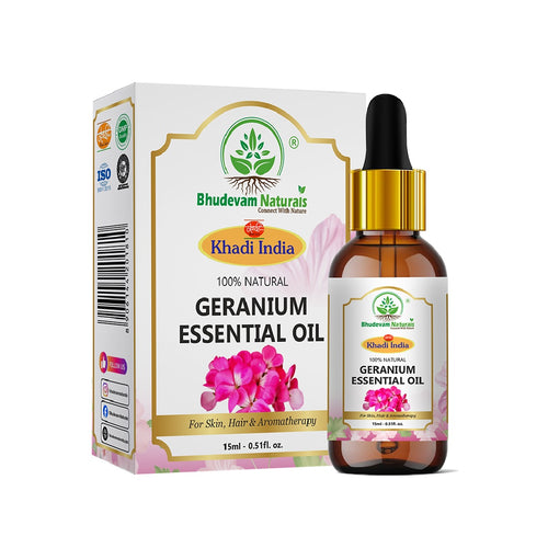 Bhudevam Naturals Geranium Essential Oil For Skin, Hair, Relaxation & Mood Upliftment 15ml - 1