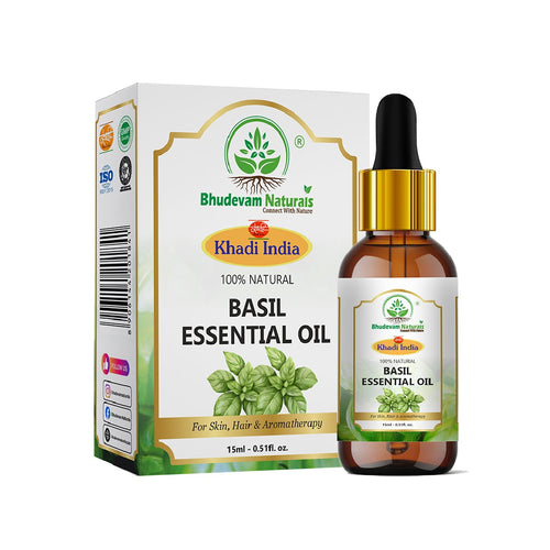 Bhudevam Naturals Khadi Basil Essential Oil for Hair Care, Aromatherapy, Stress Relief, Diffuser, Massage & Skin Care 15ml - 1