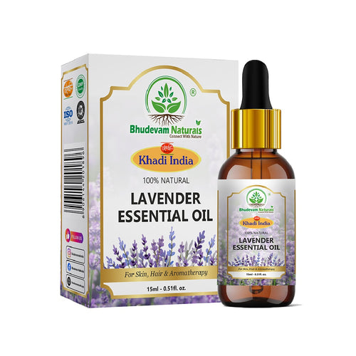 Bhudevam Naturals Khadi Lavender Essential Oil for Aromatherapy, Stress Relief, Skin & Hair Care, Diffuser, Sleep Support & Massage 15ml - 1