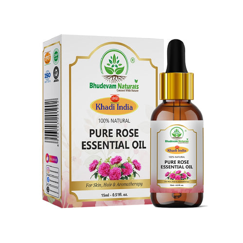 Bhudevam Naturals Khadi Rose Essential Oil for Skin & Hair Care – 100% Pure Natural Steam Distilled Rose Oil for Face, Acne, Aromatherapy, Diffuser 15ml - 1