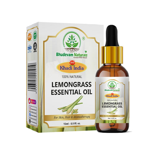 Bhudevam Naturals Khadi Lemongrass Essential Oil for Aromatherapy, Stress Relief & Skin Care | Diffuser & Massage Oil 15ml - 1