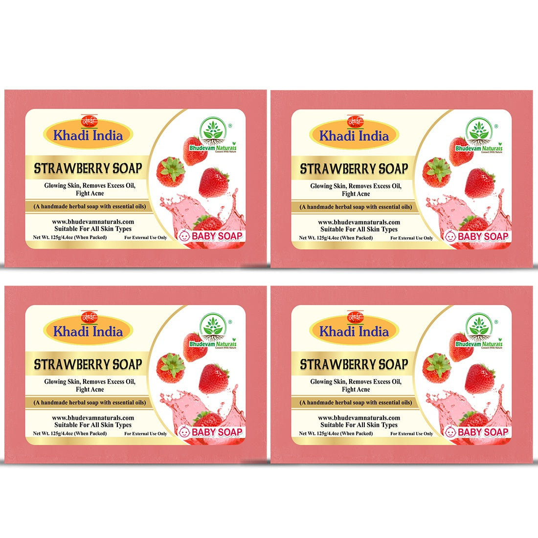 Bhudevam Naturals Khadi Strawberry Handmade Bath Soap for Soft, Smooth & Radiant Skin 500gm - 1
