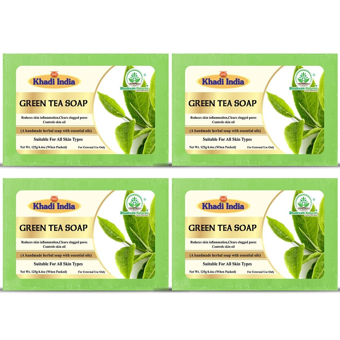 Bhudevam Naturals Khadi Green Tea Bath Soap for Clear & Healthy Skin | Natural Handmade Soap for Acne & Oil Control 500gm - 1