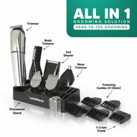 LetsShave Head, Face & Body Groomer for Men, 6 Grooming Heads + 6 Combs + 1 Stand Combo